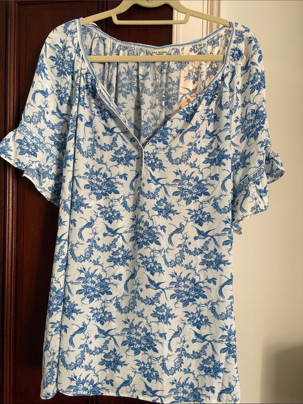 Max Studio White Tunic with Blue Floral Print